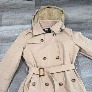 Beige Trench Coat with Hood - Women's Classic Belted Coat